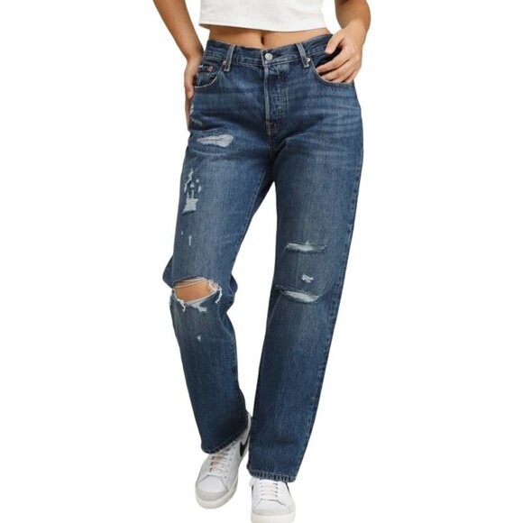 LEVI'S 501 90s Jeans Destructed Denim Straight Leg High Rise Indigo Blue 26 - Picture 1 of 8